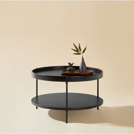 Table basse ronde à 2 niveaux, bois et métal, 69 x 69 x 38 cm, 3 coloris, OKWISH (1/5)