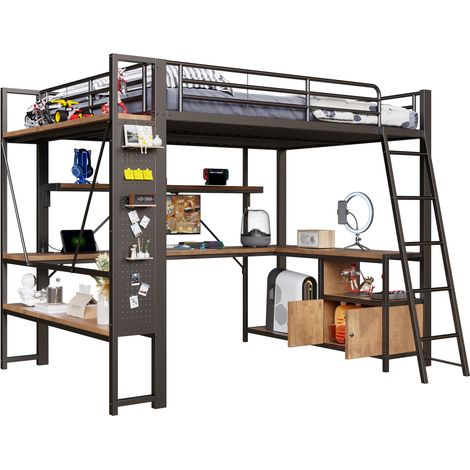 Cama Alta 140 x 200 Cm Con LED, USB, Escritorio, Almacenamiento Y Estantes, Sin Colchón, De Metal, Negro (1/5)