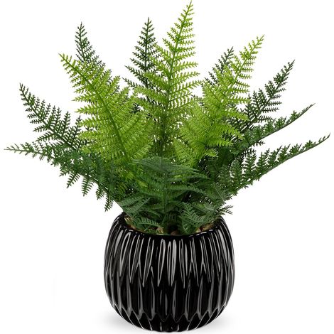 Fougère artificielle en pot de 32 cm - Petites plantes vertes artificielles avec vase en céramique noire - Plante artificielle en pot pour décoration d'intérieur maison bureau desk salle de (1/5)