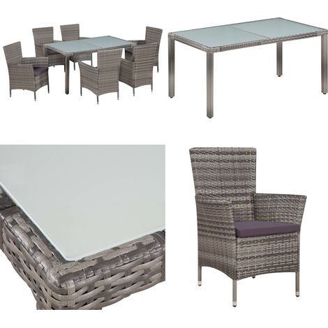 Set da Pranzo per Esterni 7 pz con Cuscini in Polyrattan Grigio - Tavolo da pranzo in vetro - Sedie da giardino