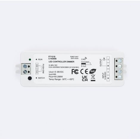 Controller Regolatore Striscia LED Monocolore 5/12/24/36V DC compatibile con Telecomando RF e Pulsante Bianco