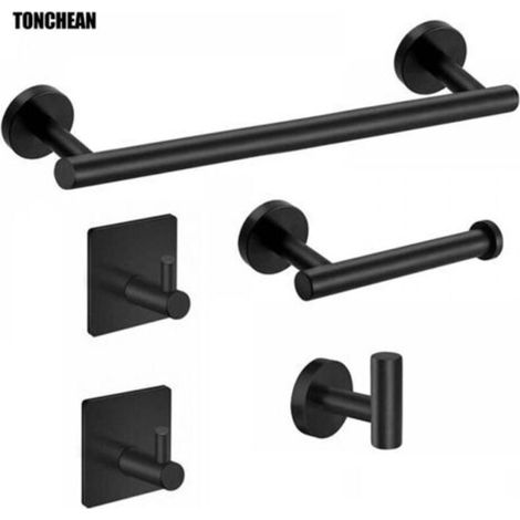 Barres Porte-Serviettes Ensemble 5 Pièces, Barre de Serviettes de Bains, Porte-Serviettes Anneau de Serviette Crochet Acier Inoxydable Porte Serviette Murale Salle de Bain,Noir,Towel rings and rails- (1/4)