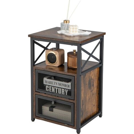 COSTWAY 4 Ebenen Beistelltisch Industrie Design, Nachttisch mit 2 Klappschubladen & offenem Regal, Nachtschrank Holz mit Metallrahmen, Wohnzimmertisch 40 x 35 x 60,5 cm (1/5)