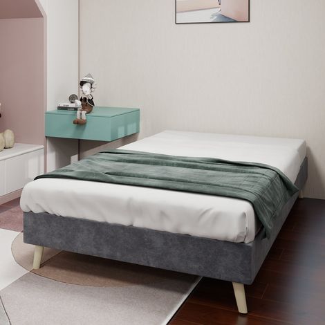Lit minimaliste 90x200 cm velours hollandais gris sommier bas sans tête ni matelas (1/5)