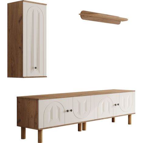 ELVMI Set Mobile TV da Parete con 1 Mobile TV, 1 Vetrina e 1 Mensola da Parete, Pannelli Intagliati, Legno Ingegnerizzato, Bianco e Naturale (1/4)