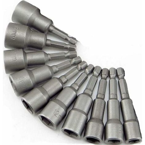 Clé à douille magnétique (lot de 10) : embouts magnétiques pour visseuse à percussion, adaptateur pour douille hexagonale 6-19 mm (1/4").