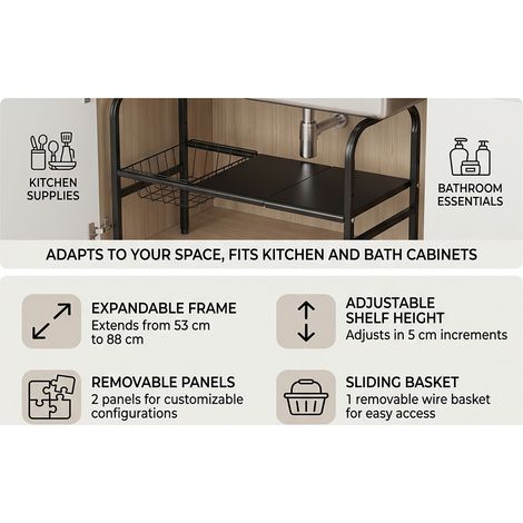 Organisateur extensible sous évier, étagère à 1 niveau avec panier amovible, 2 panneaux pour armoire, vestiaire, armoire, placard, rangement classique noir (1/5)