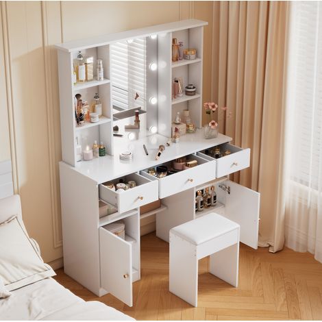 Tocador 110/40/151 cm blanco con espejo, LED regulable y amplio almacenaje (1/5)