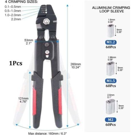 Cet outil est conçu pour sertir des câbles en acier jusqu'à 2,2 mm de diamètre et est équipé de 180 douilles à sertir en aluminium à double corps de tailles 1,2/1,5/2 mm. (1/3)
