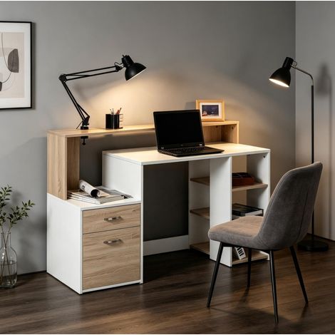 Bureau 137x55x92 cm en MDF et aluminium chêne et blanc, avec rangement pour bureau FloraGrace (1/5)
