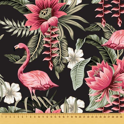 Tela decorativa para exteriores Oxford - motivo de flamencos rosas sobre fondo negro (1/5)