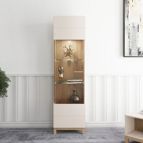 Vitrina Usseaux, mueble expositor 4 estantes, apertura abatible, una puerta, 52x35x192h cm marrón (1/5)