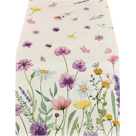 Chemin de table en lin avec décoration florale colorée, nappe élégante pour table de cuisine ou de réception de mariage. Décoration de table élégante pour mariage ou fête. (1/5)