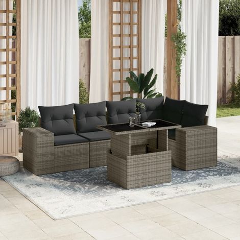 Ensemble Salon de Jardin 6 Pièces Résine Tressée Gris avec Coussins et Table Modulable Hauteur Réglable (1/5)