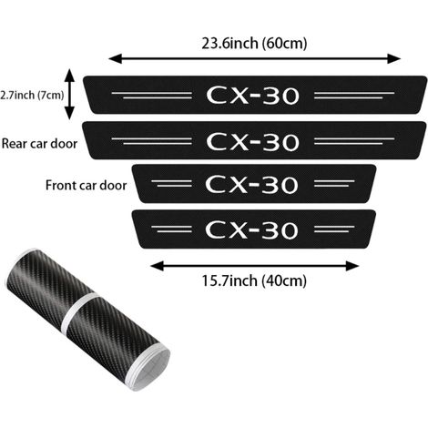 (4 protections de seuil de porte) Autocollants de protection de seuil de porte de voiture en fibre de carbone et cuir pour Mazda CX30,logo,coffre,pare-chocs,protections anti-rayures (1/3)