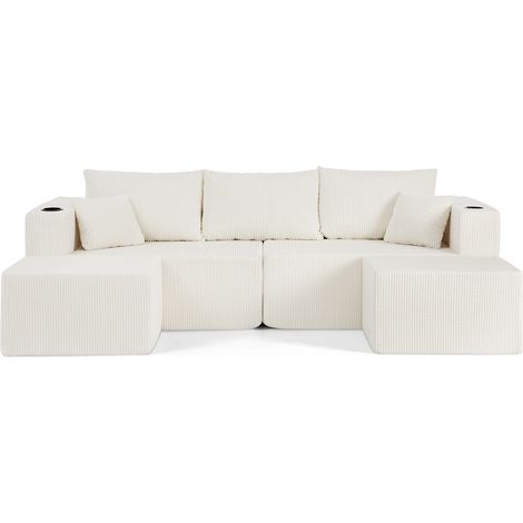 CHICFURN Canapé d'angle 3 places modulaire en velours côtelé beige, sofa en L avec ottomanes mobiles, porte-gobelets, poches latérales et coussins pour salon (1/5)