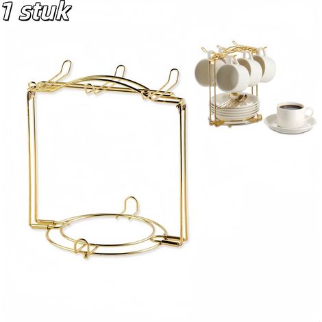 Porte-tasses en fer forgé de couleur dorée, idéal pour ranger et présenter les tasses, mugs et soucoupes. (1/5)