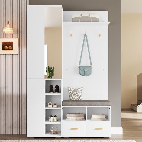Komplettes Garderoben-Set mit Spiegel, Schuhbank & Garderobenpaneel - Flurgarderobe mit 2 Schubladen, 3 Haken & Kleiderstange - modernes Weiß - 120x35x190 cm