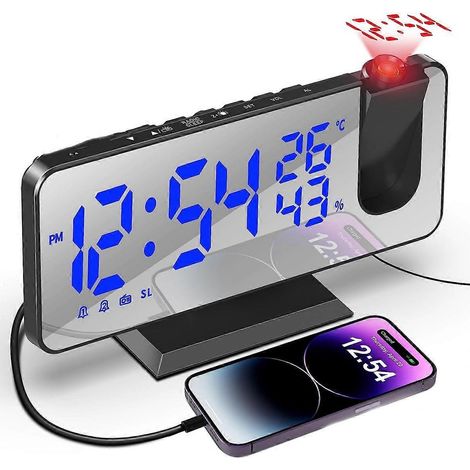 Radio-réveil projecteur de plafond, avec écran miroir de 7,5 pouces, port USB, double alarme et 4 réglages. (1/5)
