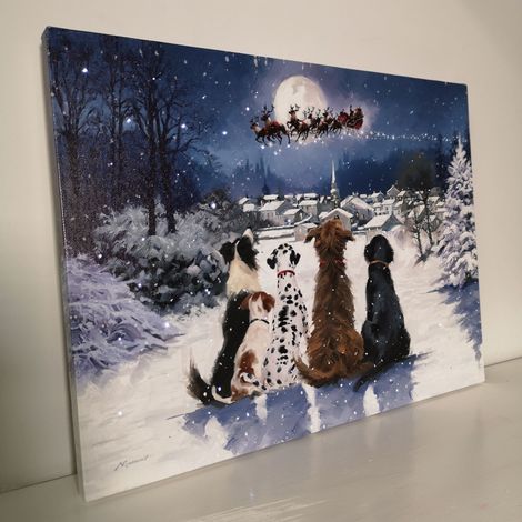 Christmas Dogs Snow Santa Scene Fibre Optic Canvas 40x30cm Xmas Art Decor (1/5)