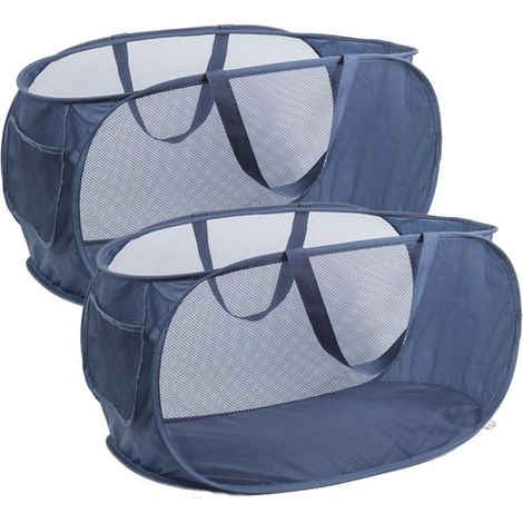 Faltbare Wäschekörbe 2 Stück mit Seitentasche, Marineblau (1/4)