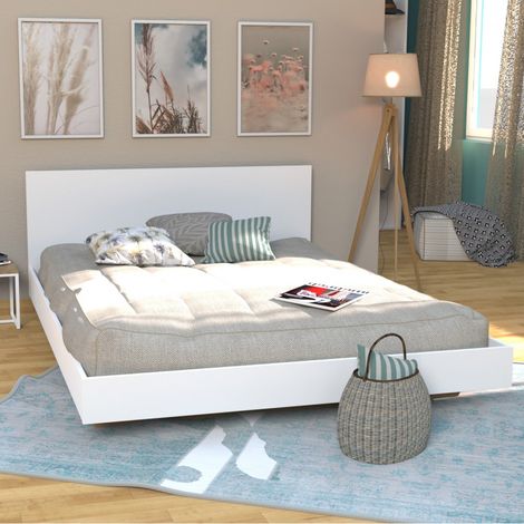 Le Quai Des Affaires – Lit adulte 160x200 cm – Structure en panneau de particules – 13 lattes multiplis – Finition blanche – Tête de lit incluse (1/5)