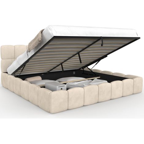 Lit coffre double NUAGE avec tête de lit matelassée et sommier 180 x 200 cm velours beige (1/5)