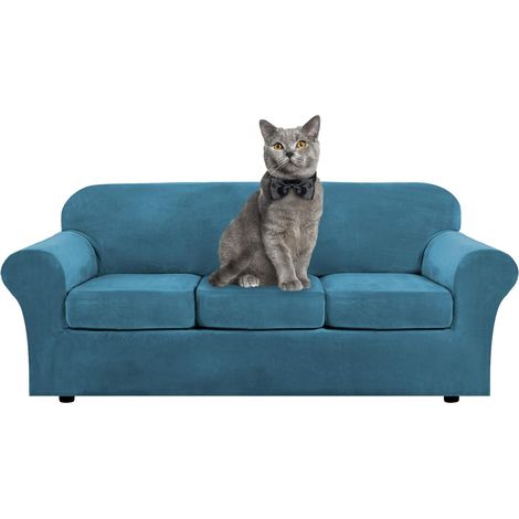 Soft and stretchy velvet sofa cover with separate cushion covers for 1, 2, 3 seater sofas with anti-slip strap for living room, bedroom (blue, 1, 3 seater) (1/5)