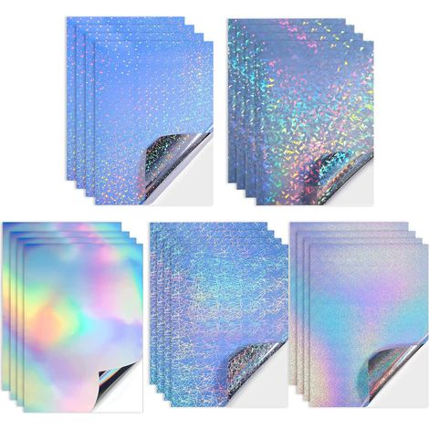 Lot de 20 Feuilles de Vinyle Adhésif Holographique, 5 Motifs A4 Film Holographique Auto-Adhésif, Vinyl Holographique Papier Autocollant Holographique Transparent pour Artisanat Décalcomanies (1/5)