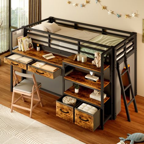 Cama alta 90x200 cm negra, con escritorio, estantes, cajones de tela, cortina y LED, estructura metálica, sin colchón (1/5)