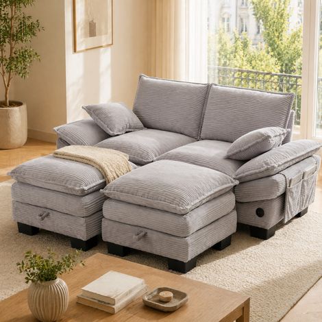 Divano modulare 2 posti in tessuto effetto corda con 2 pouf, grigio chiaro (1/5)
