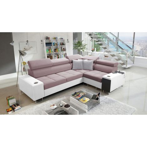 Elegantes Ecksofa mit Konsole und Ladegerät MORENA II Kunstleder/Sawana Weiß/Rosa Rechts (1/5)
