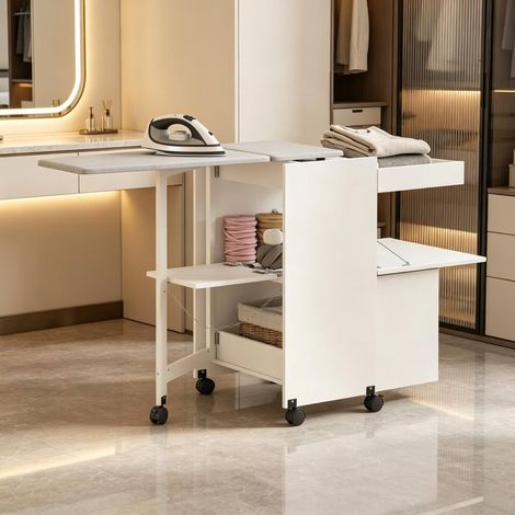 Meuble à repasser pliable sur roulettes avec rangement et fermeture douce, blanc DESVIAE (1/5)