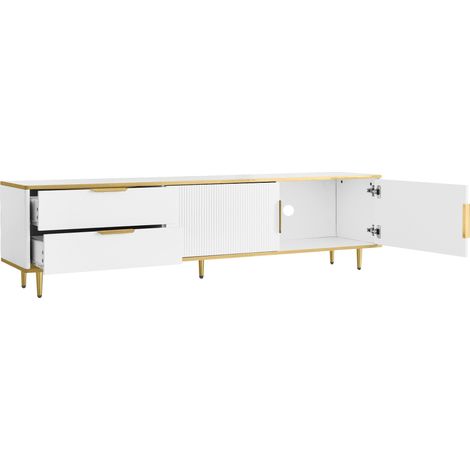 Meuble TV bas blanc et or avec motifs sculptés et rangements, 170x37x45 cm (1/5)
