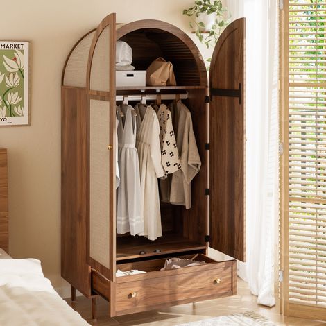 Armadio 175 cm, con 2 porte in tessuto, barra e cassetto, guardaroba in stile rustico con finitura noce, piedi in legno, spazio di archiviazione per la camera da letto - Colore noce