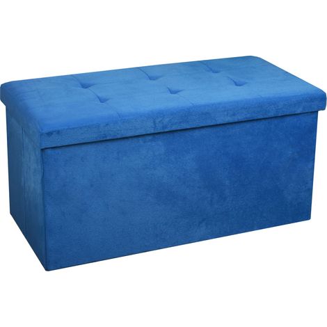 Hobag – Coffre de rangement pouf pliable en velours bleu 76cm – Assise amovible pour accès au rangement – Dimensions 76 x 38 x 38 cm