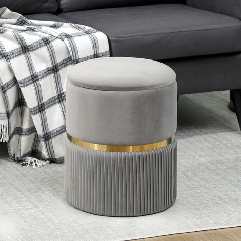 Pouf contenitore rotondo, rivestito in velluto con coperchio removibile, seduta imbottita e vano contenitore nascosto, grigio chiaro. (1/5)