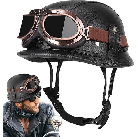 Casque Allemand À Moitié Ouvert Casque D'hélicoptère avec Lunettes De Soleil De Protection du Scooter De Moto Rétro en Cuir PU Et , Tailles M-XXL, Visière Respirante, sans Éclat (1/5)