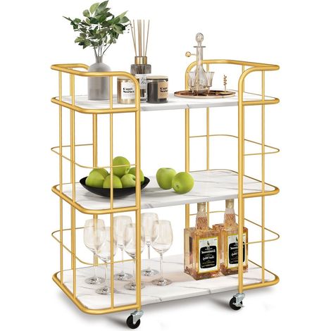 3-Tier Buffet Serving Cart Rolling Bar Serving Trolley Faux Marble Shelves Wine (1/5)