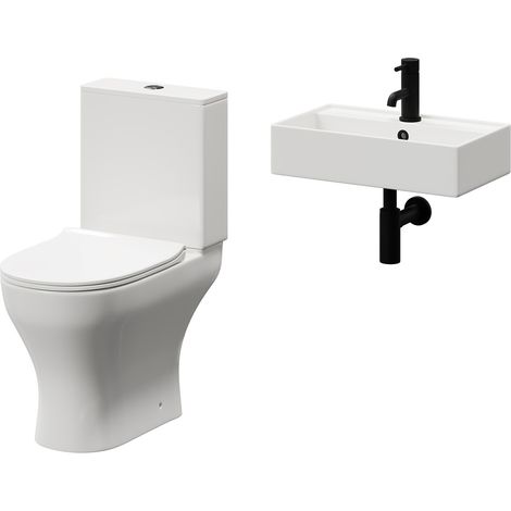 Tomar 505mm Wall Hung Basin and Toilet Suite including Round Matt Black Bottle Trap and Open Back Toilet (1/5)