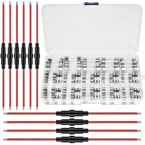 10 porte-fusibles à vis en ligne 5x20 mm / 6x30 mm 18 AWG + 150 fusibles en verre à action rapide (15 valeurs différentes) (1/5)