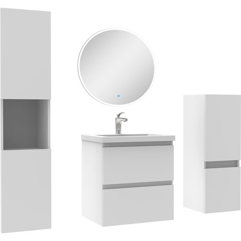 Ensemble meubles Salle de Bain 50cm simple vasque + colonne + miroir rond mural Blanc (1/5)