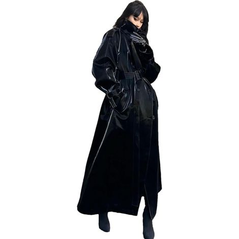 Trench-coat en cuir verni noir réfléchissant extra long pour femme Printemps Automne Taille XL (1/5)
