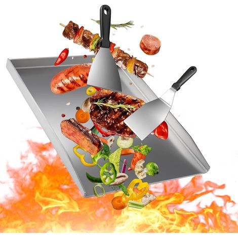 Poêle à Griller pour Barbecue, 40X30Cm Plaque de Cuisson Plancha en Acier Inoxydable avec 2 Spatules pour Barbecue à Gaz et à Charbon (1/5)