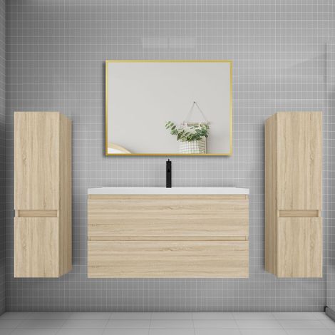 Ensemble meuble de salle de bains 100cm vasque + colonne + miroir,chêne (1/5)