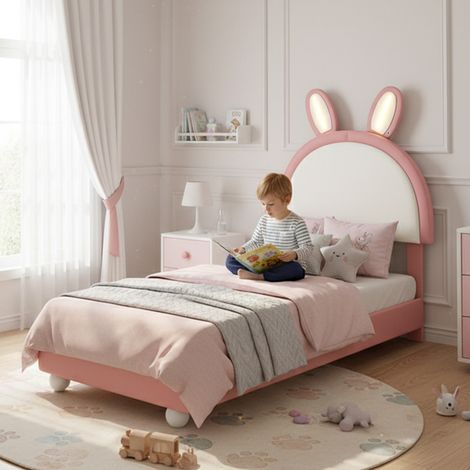 Lit enfant capitonné 90x200 cm tête lapin LED rose blanc cadre sécurisé anti-choc