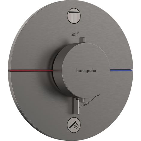 Mitigeur thermostatique, Robinet encastré avec arrêt de sécurité à 40°C, Thermostat rond, 2 sorties, Noir chromé brossé (1/5)