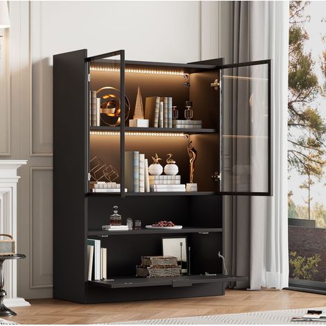 Vetrina in truciolare nero opaco con ante in vetro temprato, LED, 80x35x120 cm, anta a ribalta (1/5)