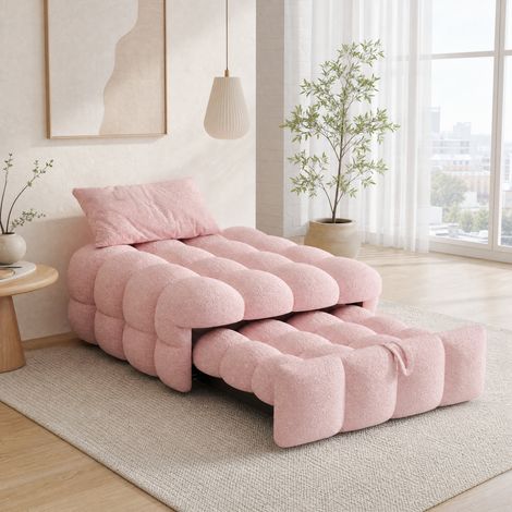Divano letto singolo 2 in 1 con pouf estraibile, bouclé rosa, 183 x 76 x 42 cm, OKWISH (1/5)