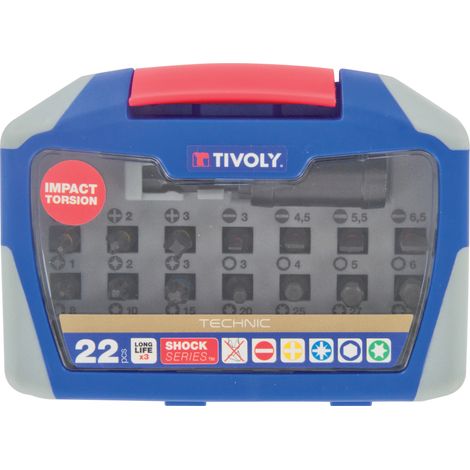 Tivoly • Coffret d'Embouts de Vissage Standard 22 pièces • 21 Embouts de Vissage Torsion Impact + 1 Porte-Embout Magnétique Impact • Attache Hexagonale Ø6,35mm • Pour Vissage dans le Métal • Pour Viss